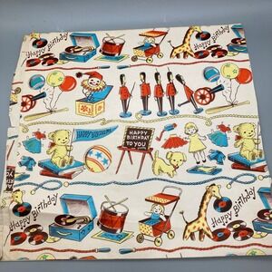 Vintage Children's Birthday Partial Sheet Paper Gift Wrap Doll Soldier Balloons